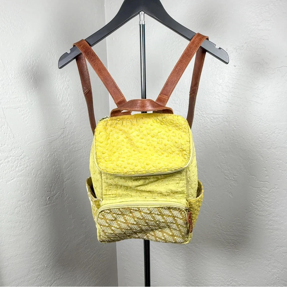 Mo & Co Yellow Embroidered Mini Backpack Boho Patchwork Leather Straps
